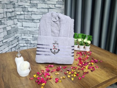 Sailor Embroidered Bathrobe Set 2 pcs, Bathrobe M-L, Towels 90x50 cm Cotton Grey - Thumbnail