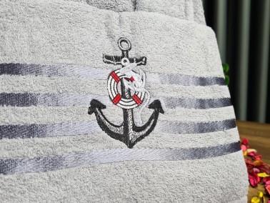 Sailor Embroidered Bathrobe Set 2 pcs, Bathrobe M-L, Towels 90x50 cm Cotton Grey - Thumbnail