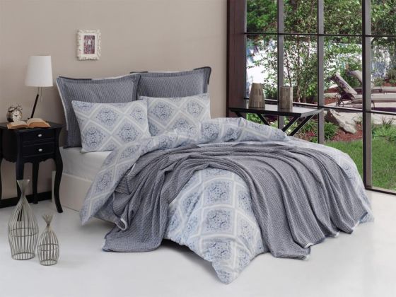 Sakura Bedding Set 6 Pcs, Bedspread 200x230, Duvet Cover 200x220, Bed Sheet, Double Size, Self Patterned, Gray