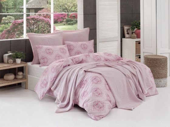 Sakura Bedding Set 6 Pcs, Bedspread 200x230, Duvet Cover 200x220, Bed Sheet, Double Size, Self Patterned, Pink