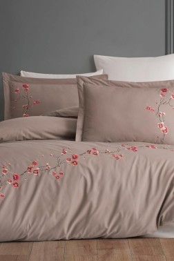 Sakura Embroidered 100% Cotton Duvet Cover Set, Duvet Cover 200x220, Sheet 240x260, Double Size, Full Size Beige - Thumbnail