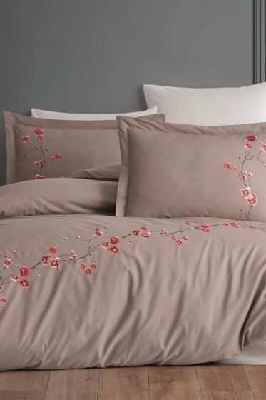 Sakura Embroidered 100% Cotton Duvet Cover Set, Duvet Cover 200x220, Sheet 240x260, Double Size, Full Size Beige