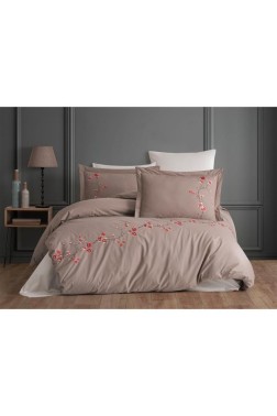 Sakura Embroidered 100% Cotton Duvet Cover Set, Duvet Cover 200x220, Sheet 240x260, Double Size, Full Size Beige - Thumbnail