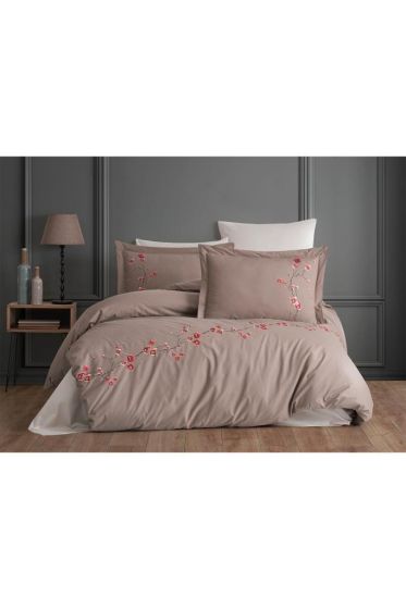 Sakura Embroidered 100% Cotton Duvet Cover Set, Duvet Cover 200x220, Sheet 240x260, Double Size, Full Size Beige