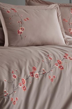 Sakura Embroidered 100% Cotton Duvet Cover Set, Duvet Cover 200x220, Sheet 240x260, Double Size, Full Size Beige - Thumbnail