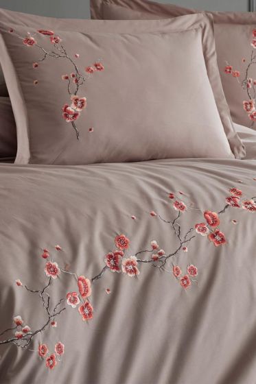 Sakura Embroidered 100% Cotton Duvet Cover Set, Duvet Cover 200x220, Sheet 240x260, Double Size, Full Size Beige