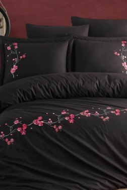 Sakura Embroidered 100% Cotton Duvet Cover Set, Duvet Cover 200x220, Sheet 240x260, Double Size, Full Size Black - Thumbnail