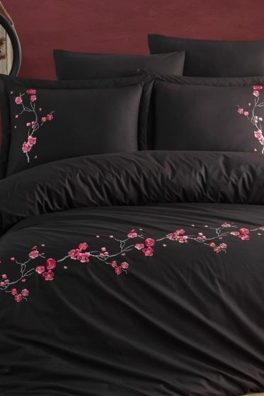 Sakura Embroidered 100% Cotton Duvet Cover Set, Duvet Cover 200x220, Sheet 240x260, Double Size, Full Size Black