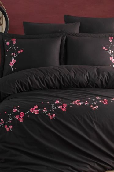 Sakura Embroidered 100% Cotton Duvet Cover Set, Duvet Cover 200x220, Sheet 240x260, Double Size, Full Size Black