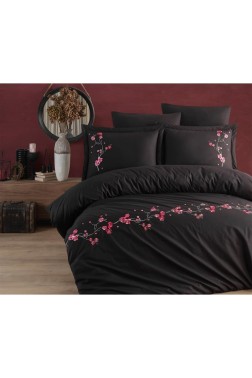 Sakura Embroidered 100% Cotton Duvet Cover Set, Duvet Cover 200x220, Sheet 240x260, Double Size, Full Size Black - Thumbnail