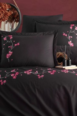 Sakura Embroidered 100% Cotton Duvet Cover Set, Duvet Cover 200x220, Sheet 240x260, Double Size, Full Size Black - Thumbnail
