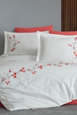 Sakura Embroidered 100% Cotton Duvet Cover Set, Duvet Cover 200x220, Sheet 240x260, Double Size, Full Size Cream - Thumbnail