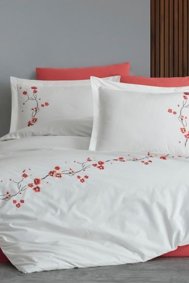 Sakura Embroidered 100% Cotton Duvet Cover Set, Duvet Cover 200x220, Sheet 240x260, Double Size, Full Size Cream