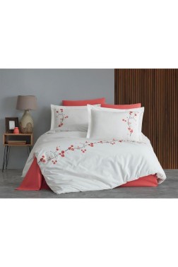 Sakura Embroidered 100% Cotton Duvet Cover Set, Duvet Cover 200x220, Sheet 240x260, Double Size, Full Size Cream - Thumbnail