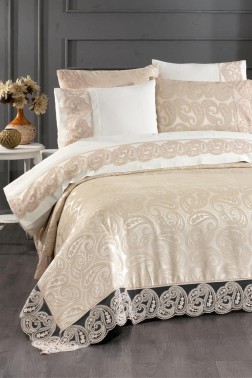 Sal Bridal Set 7pcs, Coverlet 240x260, Sheet 240x260, Duvet Cover 200x220, Pillowcase 50x70, Double Size, Beige - Thumbnail