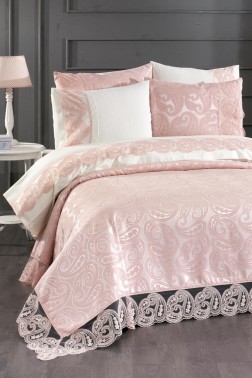 Sal Bridal Set 7pcs, Coverlet 240x260, Sheet 240x260, Duvet Cover 200x220, Pillowcase 50x70, Double Size, Pink - Thumbnail