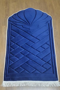 Saliha Velvet Quilted Prayer Rug 70x120 cm Navy Blue - Thumbnail