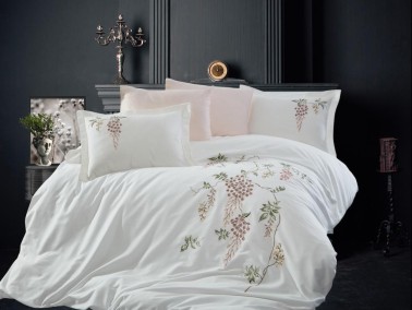 Cluster Embroidered Cotton Satin Double Duvet Cover Set - Thumbnail