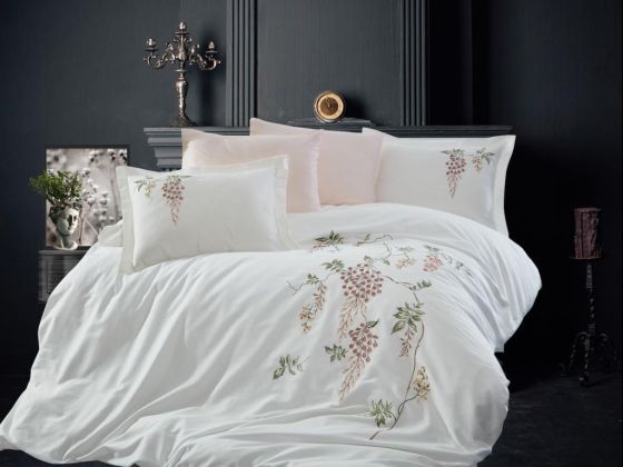 Cluster Embroidered Cotton Satin Double Duvet Cover Set
