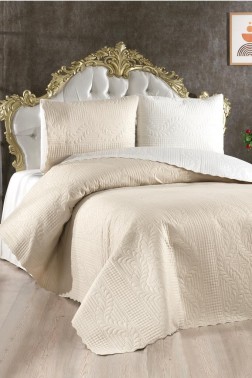 Sanem Double Sided, Full Size Bedspread Set, Coverlet 230x250 with Pillowcase Beige - Thumbnail