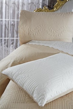 Sanem Double Sided, Full Size Bedspread Set, Coverlet 230x250 with Pillowcase Beige - Thumbnail