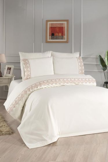 Sara Duvet Cover Set 6pcs, Duvet Cover 200x220, Bedsheet 240x260 Cotton Fabric, Full Size, Double Size Cream Cappucino