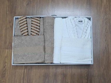 Sara Family Cotton Bathrobe Set 6 Pcs Brown - Cream - Thumbnail