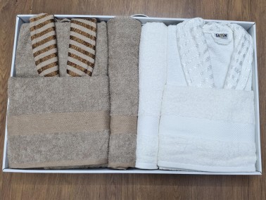 Sara Family Cotton Bathrobe Set 6 Pcs Brown - Cream - Thumbnail