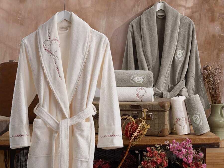  Sare Luxury Embroidered Cotton Bathrobe Set Cream Beige - Thumbnail