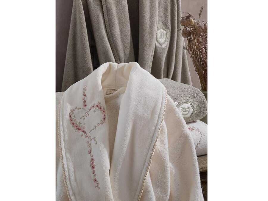  Sare Luxury Embroidered Cotton Bathrobe Set Cream Beige - Thumbnail