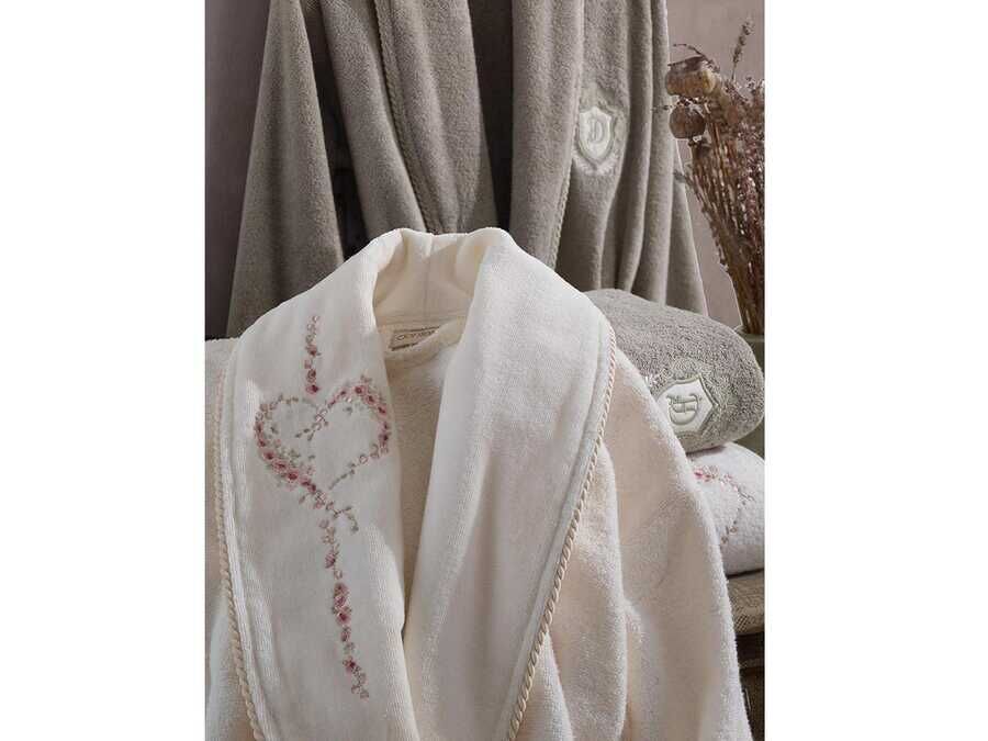  Sare Luxury Embroidered Cotton Bathrobe Set Cream Beige