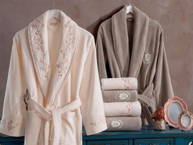 Sarmaşık Cotton Bathrobe Set Cream Beige - Thumbnail