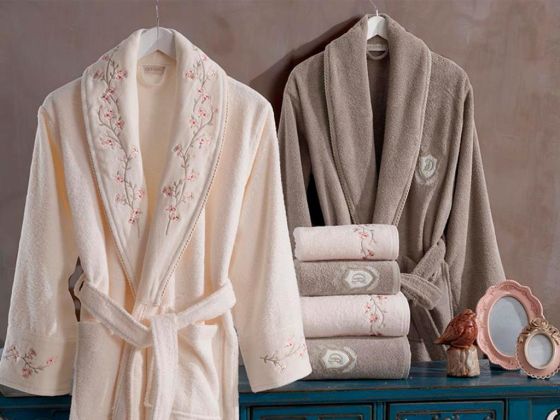 Sarmaşık Cotton Bathrobe Set Cream Beige