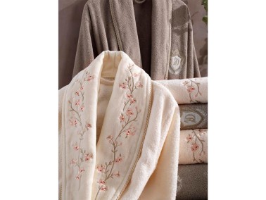 Sarmaşık Cotton Bathrobe Set Cream Beige - Thumbnail