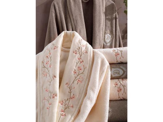 Sarmaşık Cotton Bathrobe Set Cream Beige