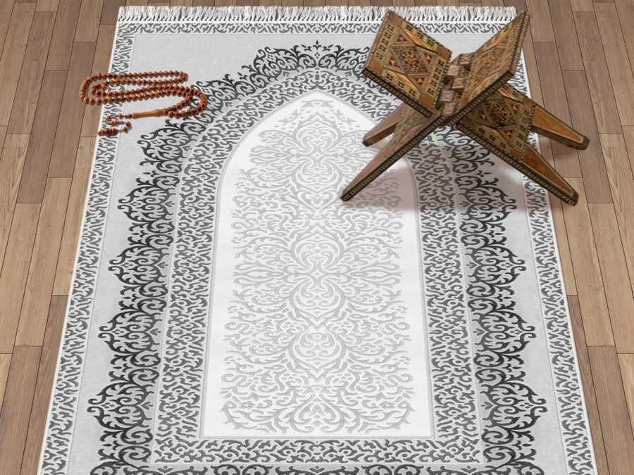 Şehzade Mix Velvet Prayer Rug Gray - Thumbnail