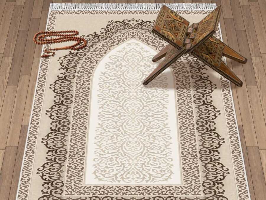 Şehzade Mix Velvet Prayer's Rug - Brown - Thumbnail