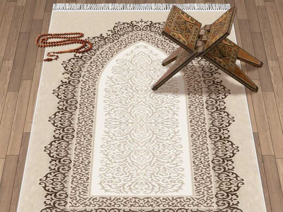 Şehzade Simple Velvet Prayer Rug Brown - Thumbnail