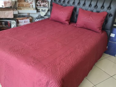 Sena Double Size Bedpspread Set, Coverlet 230x250 with Pillowcase Burgundy - Thumbnail