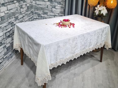 Seren Lacy Velvet Tablecloth 160x220 cm Cream - Cappucino - Thumbnail
