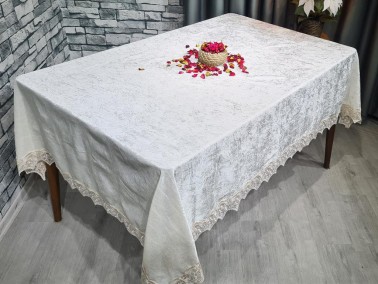 Seren Lacy Velvet Tablecloth 160x220 cm Cream - Cappucino - Thumbnail