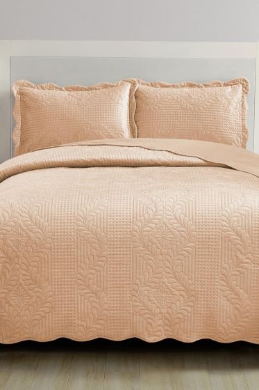 Sevda Micro Soft Bedspread Set, Coverlet 250x240 cm with Pillowcase, Full Size, Full Bed, Beige