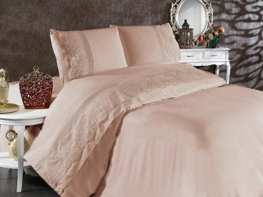 Shawl Bedding Set, Duvet Cover 200x220, Bedsheet 230x240 Double Size Cotton-Satin Beige - Thumbnail