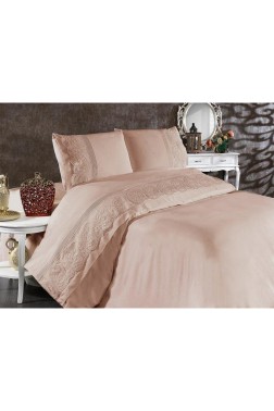 Shawl Bedding Set, Duvet Cover 200x220, Bedsheet 230x240 Double Size Cotton-Satin Beige - Thumbnail
