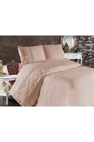 Shawl Bedding Set, Duvet Cover 200x220, Bedsheet 230x240 Double Size Cotton-Satin Beige