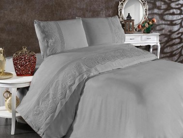 Shawl Bedding Set, Duvet Cover 200x220, Bedsheet 230x240 Double Size Cotton-Satin Gray - Thumbnail
