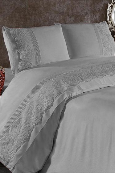 Shawl Bedding Set, Duvet Cover 200x220, Bedsheet 230x240 Double Size Cotton-Satin Gray