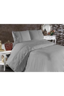 Shawl Bedding Set, Duvet Cover 200x220, Bedsheet 230x240 Double Size Cotton-Satin Gray - Thumbnail