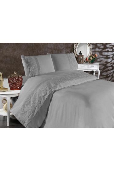 Shawl Bedding Set, Duvet Cover 200x220, Bedsheet 230x240 Double Size Cotton-Satin Gray