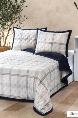 Çeyiz Diyarı - Siamei All Day King Size Bedspread Set 3pcs, Coverlet 220x240 with Pillowcase, Ultra Soft Plush Fabric, Beige